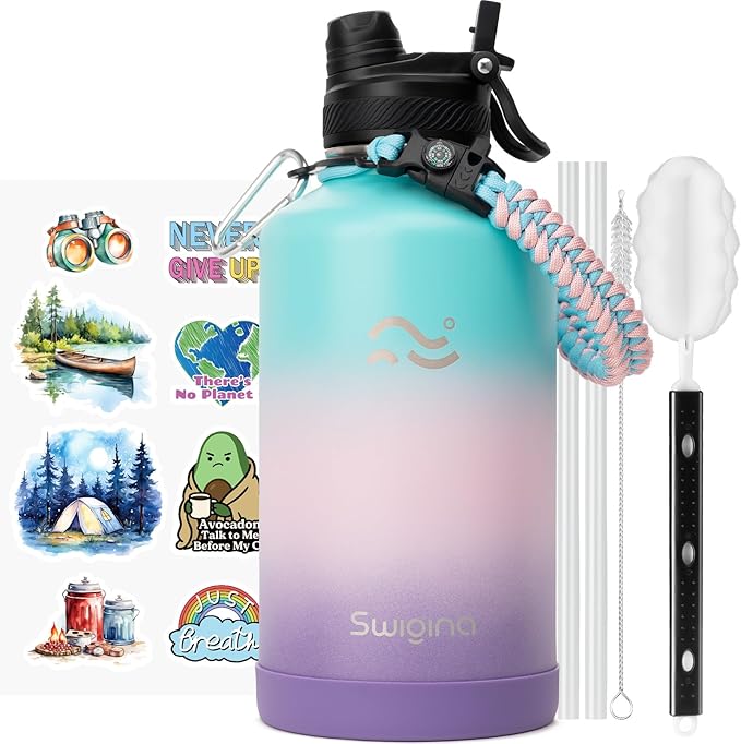 Swigina [2-IN-1 LID] 64 oz Insulated Water Bottle with Silicone Boot (48hrs Cold/24hrs Hot) - DIY Stickers, Leakproof, BPA Free, Half Gallon