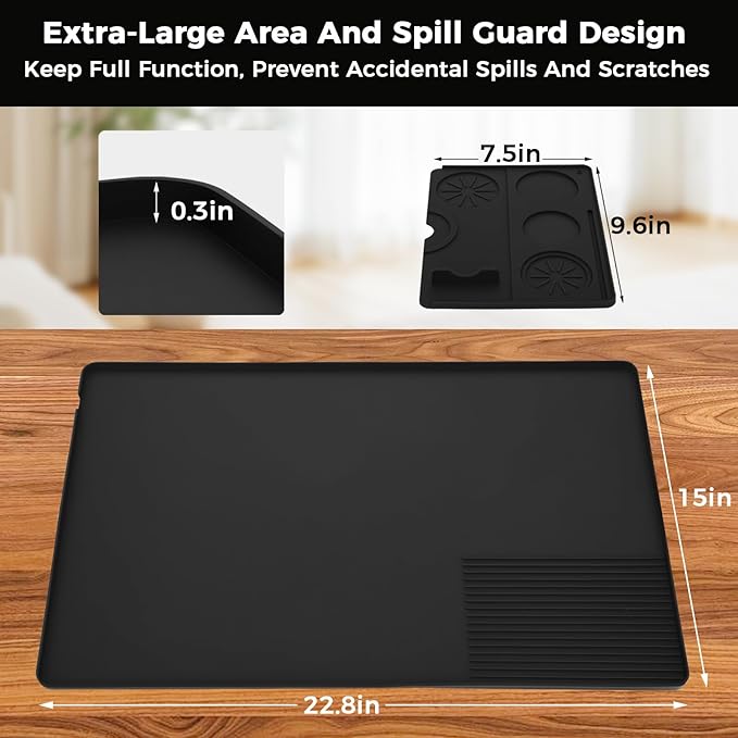 Silicone Coffee Mat for Ninja Luxe Espresso Machine ES601 – Large Anti-Slip Heat-Resistant Coffee Bar Mat for Ninja luxe Cafe Accessories and Most Home Espresso Machines with Convex Edge Black