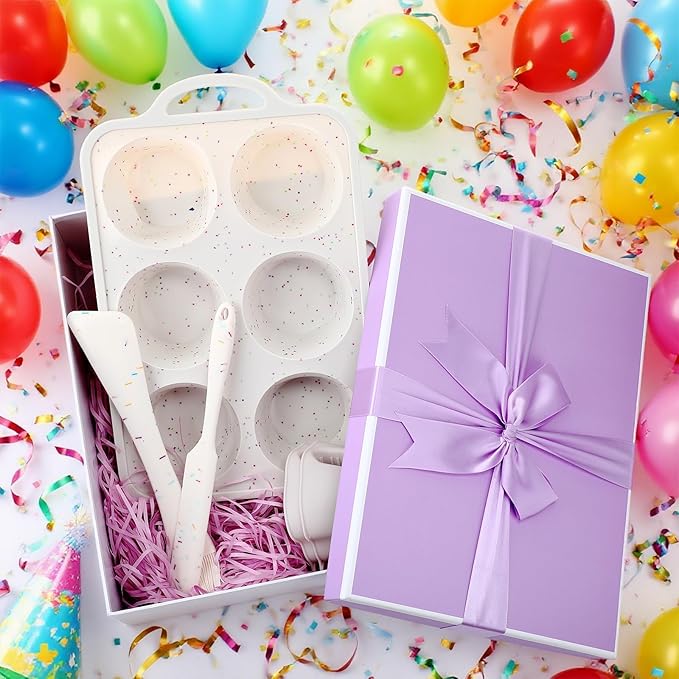 7 Pcs Silicone Baking Pan Set Nonstick Bakeware Set with 4 Molds (Loaf, Muffin, Mini Muffin, Round), Spatula, Dual-head Pastry Brush Oven Mitts for Cupcakes Brownies Bread, Confetti Design