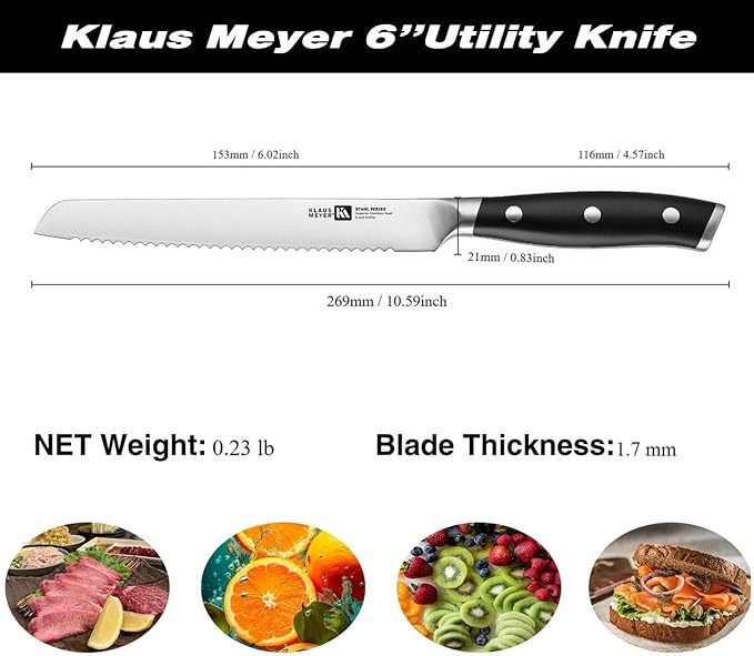 Klaus Meyer Stahl High Carbon Exclusive German Steel 6 inch Utility Serrated Knife (Black)