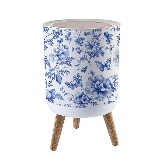 Trash Can with Lid Vintage floral Seamless Wild Roses butterflies Blue white Toile de Press Top Round Small Garbage Bin with Wooden Legs Waste Basket for Kitchen Bedroom Nursery 7L/1.8 Gallon