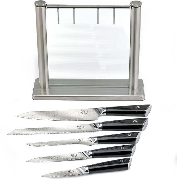 Mercer Culinary Premium Grade Super Steel 6-Piece Knife Set with Glass Block Stand, G10 Handles