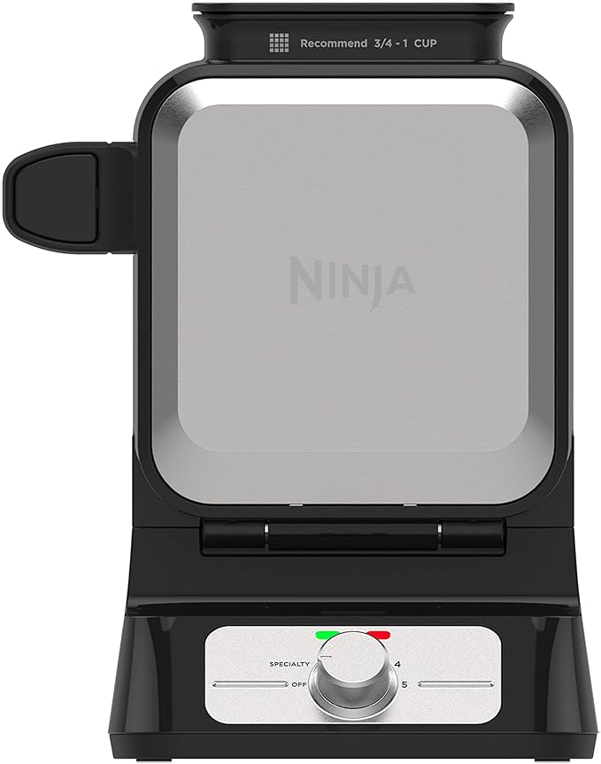 Ninja Belgian Waffle Maker Pro | Vertical Design | 5 Shade Settings with Precision-Pour Cup & Chef-curated Recipe Guide | Black & Silver | BW1001