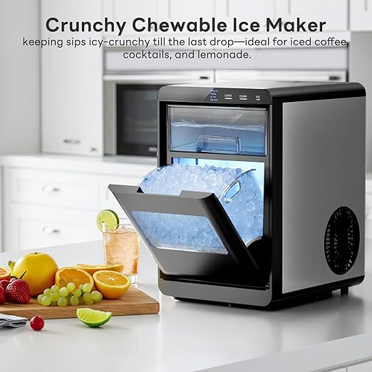 Kismile Nugget Ice Maker Countertop Ice,44LBS/24H,10 Mins Fast Ice Making,1.8L Front Pull-Out Water Tank,Self-Cleaning, Perfect for Home Kitchen&RV&Camping&Office