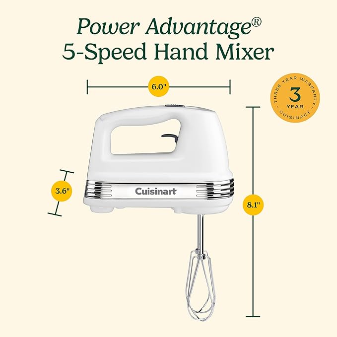 Cuisinart Power Advantage 5-Speed Hand Mixer, 220W-Motor Hand Blender Electric Mixer with 5 Speed Settings, Extra-Long Dishwasher-Safe Beaters, 60-Inch Swivel Cord, HM-50, White