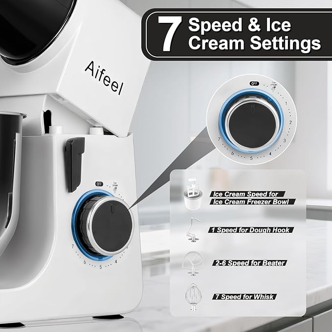 Aifeel Stand Mixer, 6.5QT Mixer with Ice Cream Maker Attachments, Kitchen Electric Mixer Multifunctional Bread Dough Mixer with Dough Hook,Whisk & Beater, Food Mixer for Baking (Black-White)