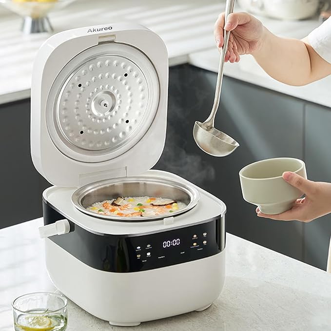 3L Smart Rice Cooker, 6-Cup Uncooked, Fuzzy Logic, Stainless steel spherical inner pot with non-stick ceramic glaze coating, Keep Warm, White