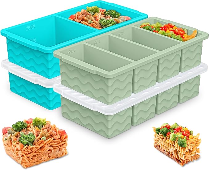 Silicone Freezer Molds for Soup with Lid, 1-Cup & 2-Cup Large Ice Cube Trays Food Storage Containers for Meal Prep, Freeze 500mL/250mL/125mL Portions – 4 Pack (1-Cup Green*2 & 2-Cup Blue * 2)