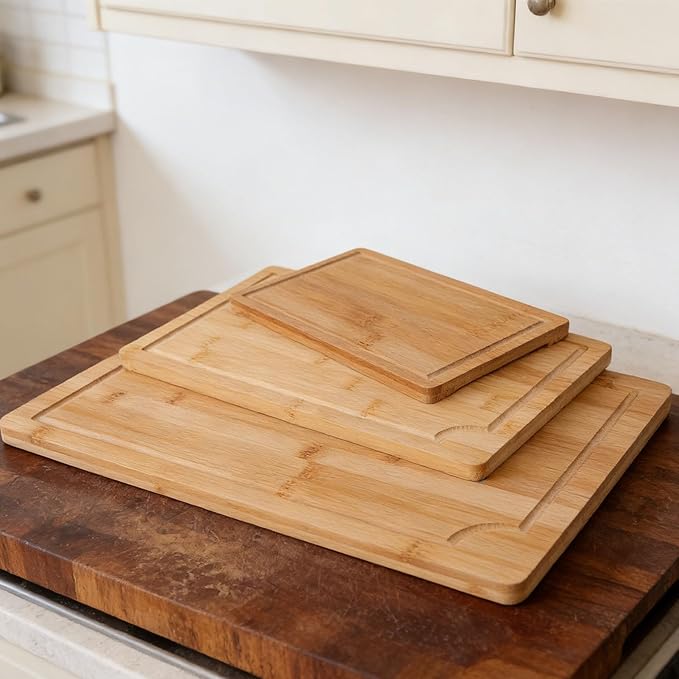 Chopping Board,3Pcs Wooden Cutting Boards with Built in Handles Liquid Grooves for Kitchen Meat Vegetable