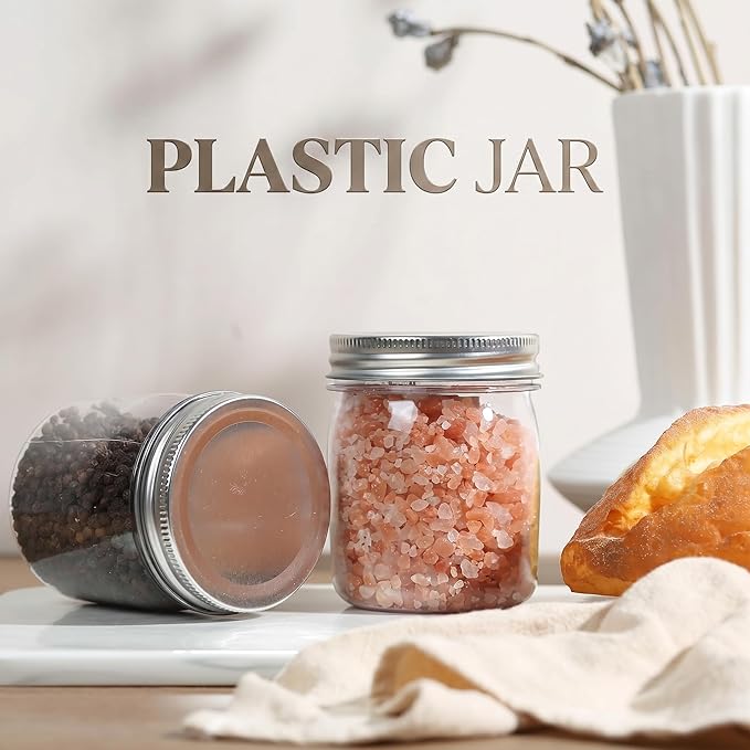 novelinks 8 oz Clear Plastic Jars with Airtight Lids, 32 Pack Plastic Mason Jars with Lids 8oz, Refillable Storage Slime Containers & Small Spice Jar for Kitchen Organization (32 Pack,Silver)