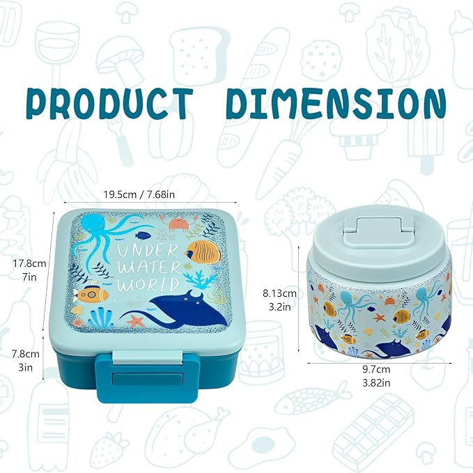 Bento Lunch Box for Kids with 8oz Soup Thermo,Leak-Proof Lunch Containers with 5 Compartment,Thermo Food Jar Food Containers for School (Blue-Octopus)