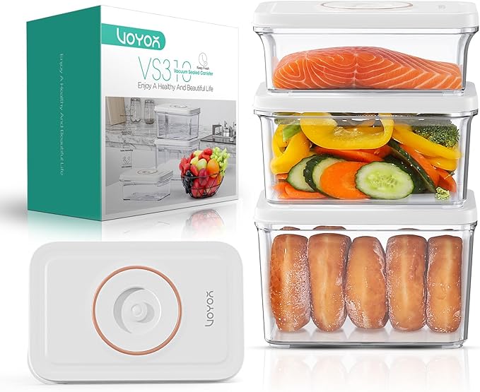 VOYOR 3-Pack Vacuum Containers for Food Storage (S/M/L) – No Machine Included, ABS, Reusable, Rectangular, Airtight, Refrigerator Organization VS310