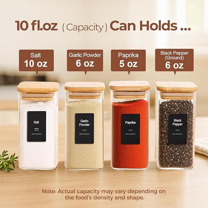 ComSaf 16Pcs Spice Jars with Labels, Glass Jar witj Bamboo Lid, 10oz Airtight Square Containers with Black Lables, Empty Seasoning Jars for Spice, Salt, Pepper, Sugar