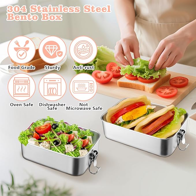 TeamFar Stainless Steel Bento Box, 4 Pack (16 * 2, 28 & 47oz) Metal Lunch Box with 3 Compartments for Adults Kids, Lunch Food Containers for School/Work/Meal Prep, Leak-Proof, 550ML*2+850ml+1400ML