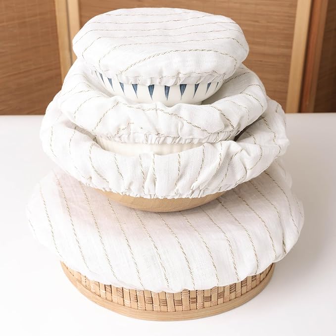 100% Linen Stripe Bowl Covers Reusable For Bread Proofing, 4 Pcs Elastic Cloth Fabric Bowl Covers, 5.9*7.9*9.8*11.8 Inches, White