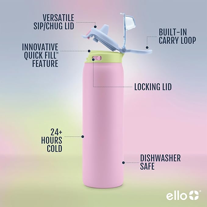 Ello Pop & Fill 32oz Stainless Steel Water Bottle with Quick Fill Technology, Double Walled and Vacuum Insulated Metal, Leak Proof Locking Lid, Sip and Chug, Reusable, BPA Free, Rosy Skyline