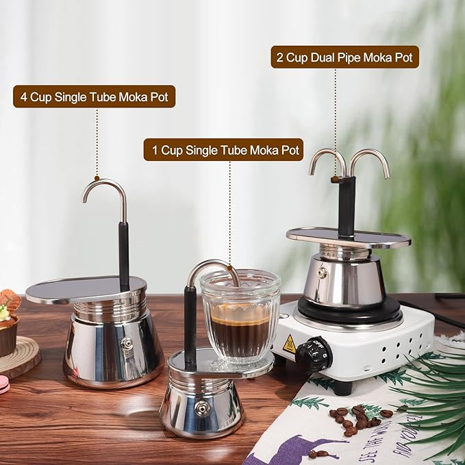 4 Cup Single Tube Moka Pot Stainless Steel Stovetop Espresso Maker Cafeteras Italian Percolator Espress Makers Capable Greca Mocha Coffee Machine for Induction Home 310ml 10.5oz