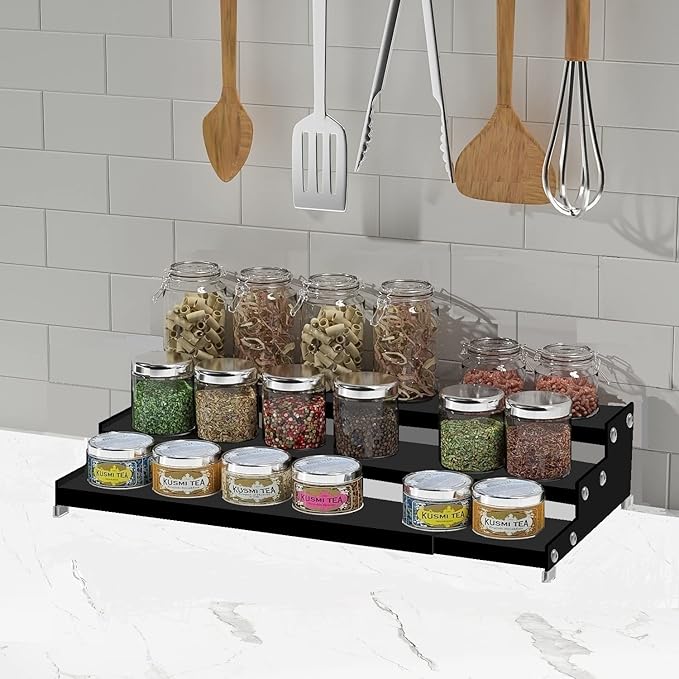 Jojocross Spice Rack Organizer for Cabinet, 3 Tier Expandable Spices Storage, Great for Kitchen Cabinets, Cupboard,Pantry and Countertop More 1 Pack/Black