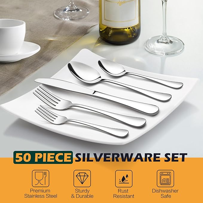 LIANYU 50-Piece Silverware Flatware Set for 10, Stainless Steel Cutlery Set Includes Fork Spoon and Knife, Kitchen Restaurant Tableware, Mirror Finished, Dishwasher Safe