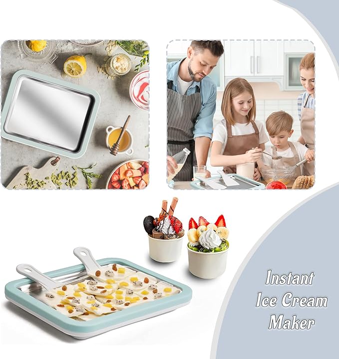 Rolled Ice Cream Maker Instant Ice Cream Maker with 2 Spatulas Frozen Yoghurt Plate Homemade DIY Instant Gelato Pan/Roll (Light Blue)