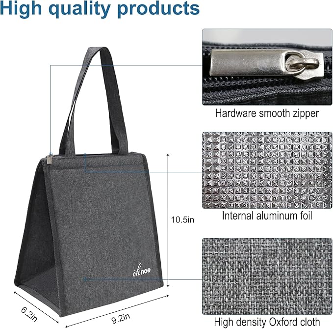 iknoe Insulated Lunch Bag for Women & Adults, 9L Foldable Wide-Open Cooler Bag with Pockets, Leakproof & Portable, for Picnic, Office, Beach(Plain grey)