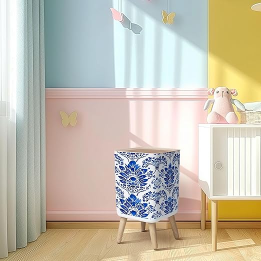 Small Trash Can with Lid porcelain seamless pattern Floral ornament watercolor blue white Wastebasket with Press Cover Dog Proof Garbage Can Waste Bin for Kitchen Bathroom Nursery 2.6 Gallon