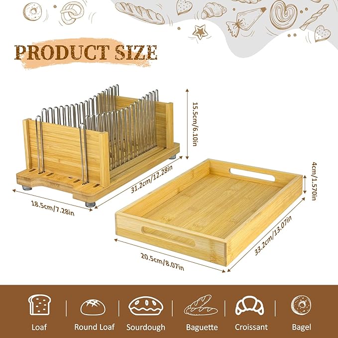 Bamboo Bread Slicer for Homemade Bread by Forest Manor - Adjustable Width Stainless Steel Slicing Guides & Crumb Tray -Sourdough Bread, Cakes, Loaves, Bagel Slicer - Kitchen Baking Tools & Gifts