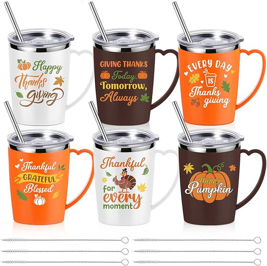 6 Pcs Thanksgiving Coffee Mugs Cups 16 Oz Fall Stainless Steel Insulated Tumblers Bulk with Handle Lid Straw Brushes Happy Thanksgiving Pumpkin Turkey Mugs Thankful Gifts for Party Birthday