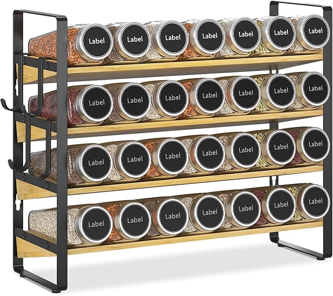 EsLuker.ly Spice Seasoning Rack Organizer Kitchen Countertop, 4 Tier Bamboo Spice Shelf Holder Storage with 4 Hooks, Wall Mounted Freestanding Stand for Pantry, Quick Spice Access(Jars Not Included)
