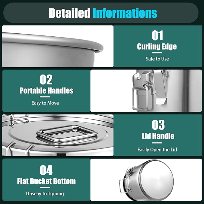 304 Stainless Steel Airtight Canister for Kitchen, 3.2Gal/405oz Flour Container with Lids and Sturdy Locking Clamp, Metal Bucket Food Storage Containers for Rice Flour Coffee Bean Tea
