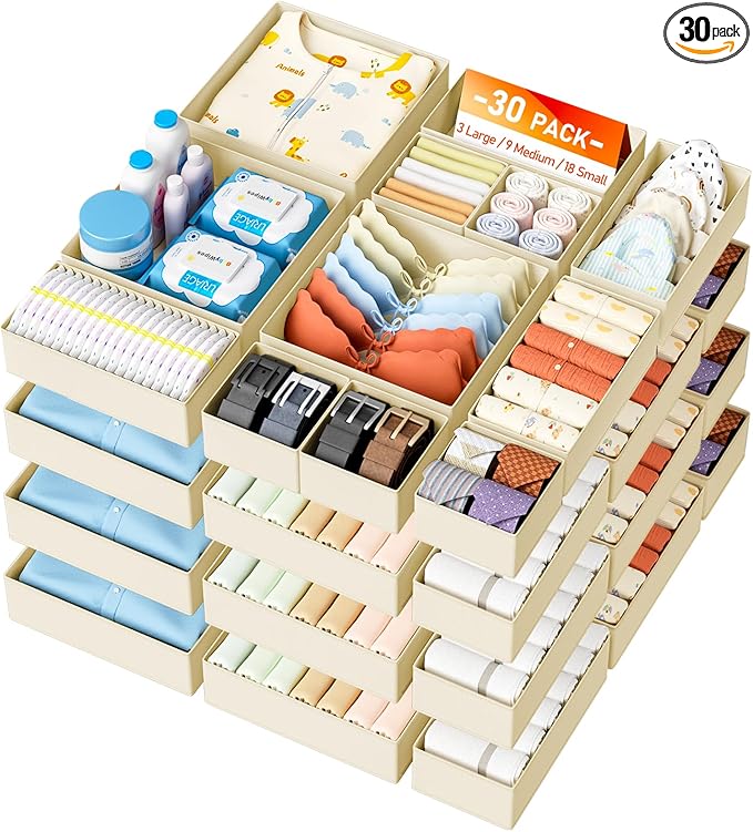 DIMJ Drawer Organizer Clothes Storage - 30 Pack Baby Dresser Organizer for Nursery, Small Fabric Closet Drawer Organizer Bins for Underwears Socks, Foldable Storage Dividers Organization for Bedroom