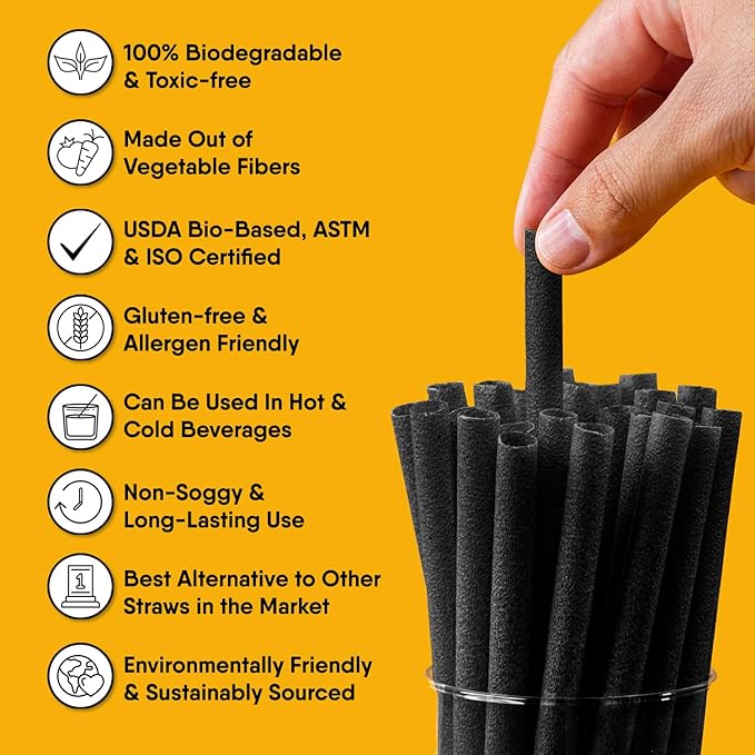 The Veggie Straws – 150 PCS of 4.75 Inches Unwrapped Black Biodegradable Drink Stirrers – Made of Vegetable Fibers, Best Cocktail Stirrers for Drinks of All Kinds