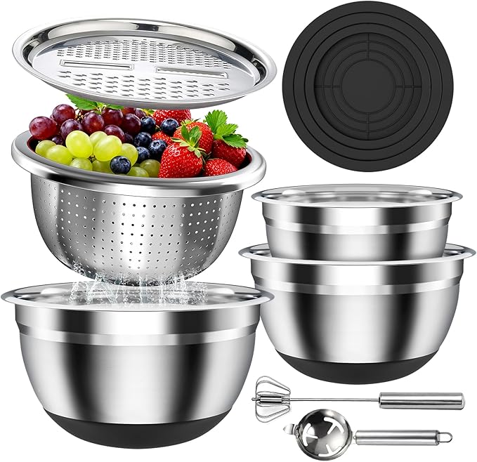 Stainless Steel Mixing Bowls Set with Lids & Silicone Base - 7-Piece Kitchen Gadgets Includes Colander, Grater, Egg Separator, Whisk - Nesting Bowls (1.5, 2, 2.5, 4.5 QT), Dishwasher Safe, Black