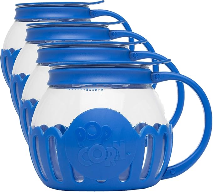 Ecolution Patented Micro-Pop Microwave Popcorn Popper with Temperature Safe Glass,3-in-1 Lid Measures Kernels and Melts Butter,Made Without BPA,Dishwasher Safe,1.5-Quart,Blue,(Pack of 4)