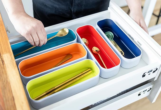 Three by Three Seattle 5-Piece Metal Stacking Drawer Organizers – Large, 2" Deep, Food-Safe – Stylish Kitchen Drawer Storage (Multi Color)