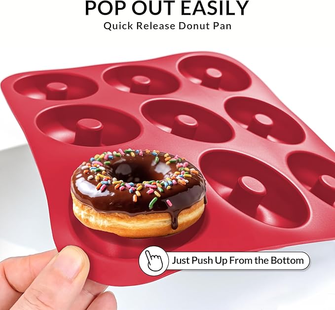 Large Silicone Donut Pan for Baking, 9 Cavity Non-Stick Food Grade Silicone Donut Molds, Doughnut Pan and Bagel Pans for Baking & Kitchen, BPA Free 11.2 x 11.1 Inches, Dishwasher Safe - Bright Red