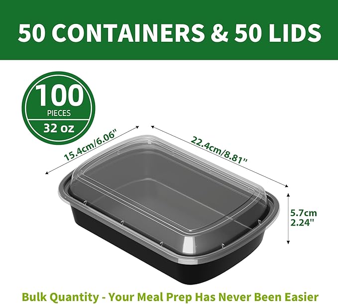 Meal Prep Containers, 50 Pack 32oz (100-Piece) Disposable Take Out Food Storage Containers with Leakproof Lids, Reusable Plastic To Go Lunch Boxes, BPA Free, Microwave/Dishwasher/Freezer Safe