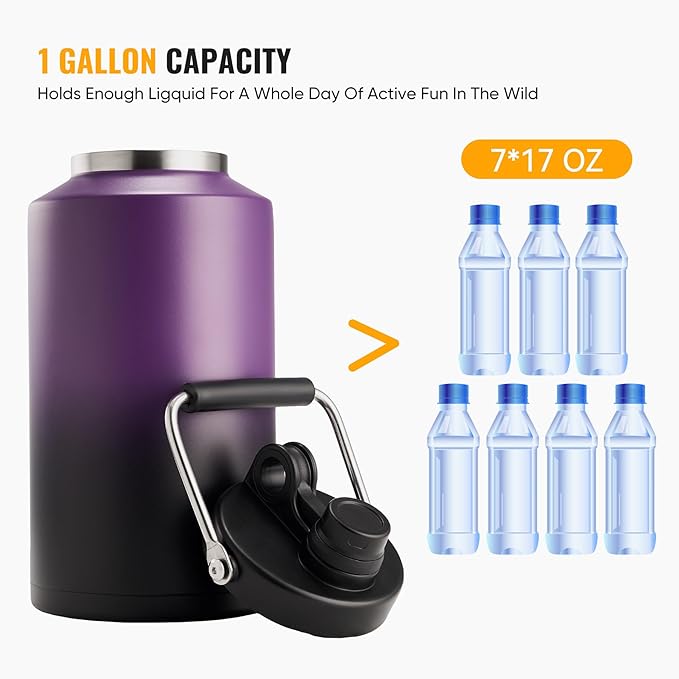 Kerilyn Insulated Gallon Jug with Handle, One Gallon, 128oz Stainless Steel, Large Double Vacuum Water Bottle for Hot & Cold Drinks, Wide Mouth, Sweat Proof, Great for Travel, Camping, Purple Gradient