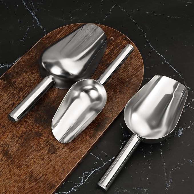 3 + 6 + 9 + 12 + 16 OZ Ounce Stainless Steel Ice Scoop Set of 10, Food-Grade, Multiple Sizes Metal Food Scoop, Rust-proof Candy Ice Cube Scoop for Kitchen Party Wedding Popcorn Dog Food Potted Plants