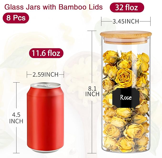 BGraceyy 32 oz 8 Pcs Glass Jars with Bamboo Lids, Stackable Clear Food Storage Jars, Airtight Kichen Glass Pantry Storage Containers with Lids for Rice, Candy, Sugar, Flour, Nuts, Cookie, Coffee Bean
