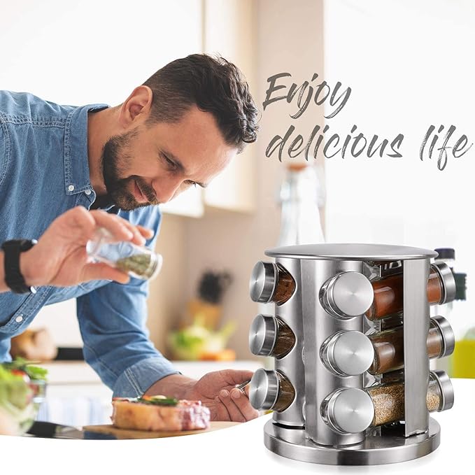 Revolving Spice Rack Organizer with 12 Jars, Countertop Spice Seasoning Rack Tower with 12 Glass Bottles Refillable for Kitchen Cabinet, Stainless Steel, Silver