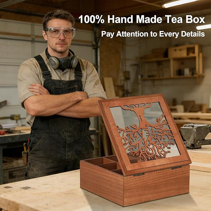 handrong Wood Tea Box Organizer,Tea Organizers and Storage with Tree Pattern,Tea Bag Holder,Decorative Tea Storage Organizer Box,9 Compartments Tea Organizer for Tea Bags Coffee