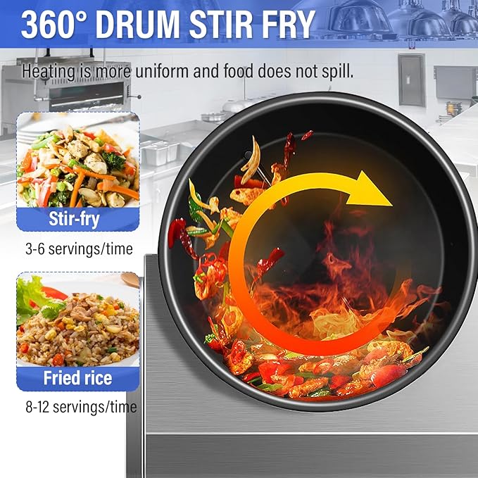 Automatic Stir Fry Machine Countertop Cooker with Water Spray & Drum Design – Natural Gas Powered Smart 360° Cooking Machine Capacity 1.5L-9.3L,110V 100W