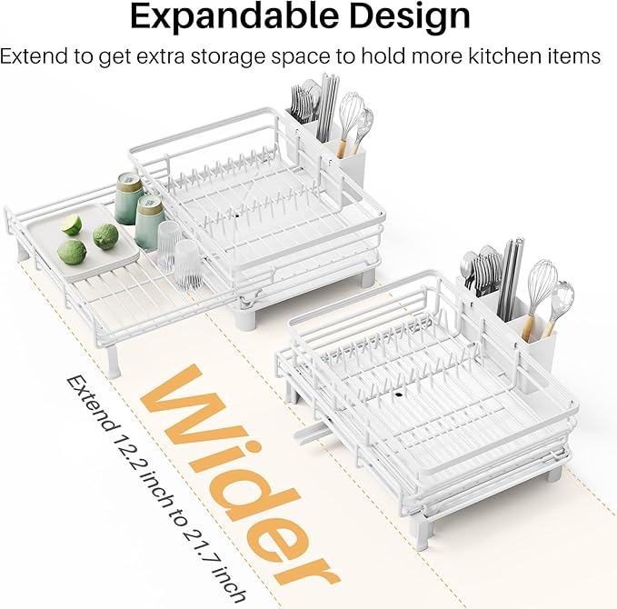 SNTD Dish Drying Rack - Extendable Dish Rack, Large Sink Drying Dish Drainer for Kitchen Counter, Stainless Steel Dish Strainer with Utensil Holder (White)