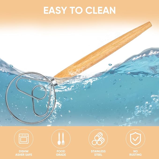 Maxjoy Danish Dough Whisk Stainless Steel with Wooden Handle, Dutch Whisk Dough Hook for Sourdough Bread Baking Mixing Tool