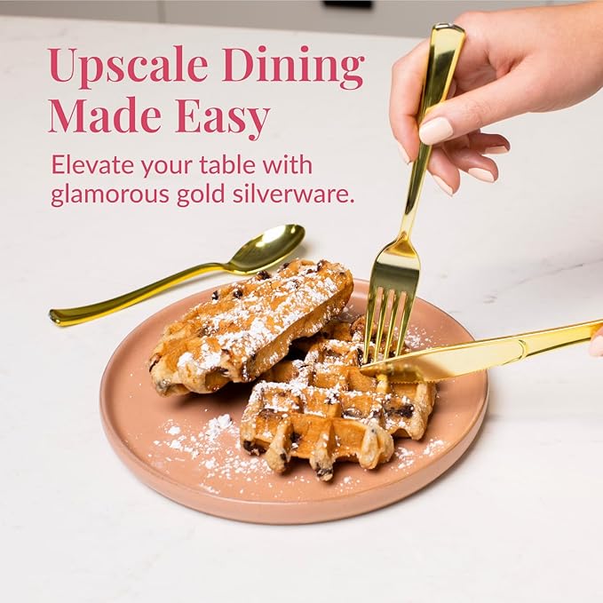 Prestee 120 Gold Plastic Cutlery Set - 40 Forks, 40 Spoons, 40 Knives - Heavy Duty Disposable Flatware