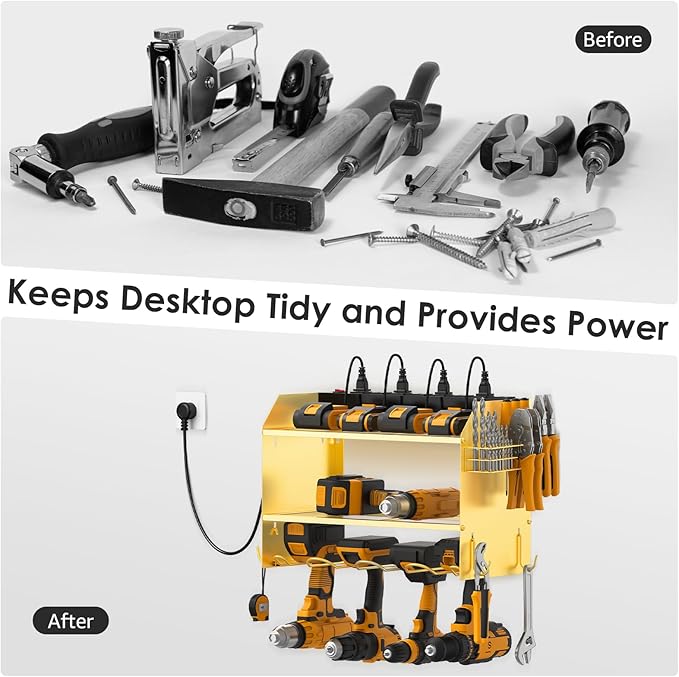 CCCEI Modular Power Tool Organizer Wall Mount with Charging Station. Garage Drill Storage Shelf with Hooks, Heavy Duty Rack, Tool Battery Holder Built in 8 Outlet. Gift for Men. Glod, 1 Pack.