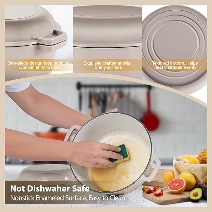 TeamFar 5 Quart Dutch Oven, 2 In 1 Enameled Cast Iron Dutch Oven Pot Cookware with Skillet Lid, for Bread Baking Braising Stewing Roasting, Sturdy & Nonstick, Oven Safe & Fit for Induction (Khaki)