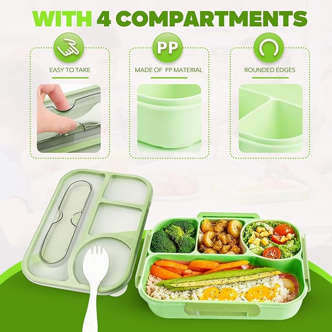 EASYFUN Bento Box Adult, Lunch Box, 4-Compartment Lunch Containers, Drop-Proof, Dishwasher Safe & Made with BPA-Free Materials (Green)