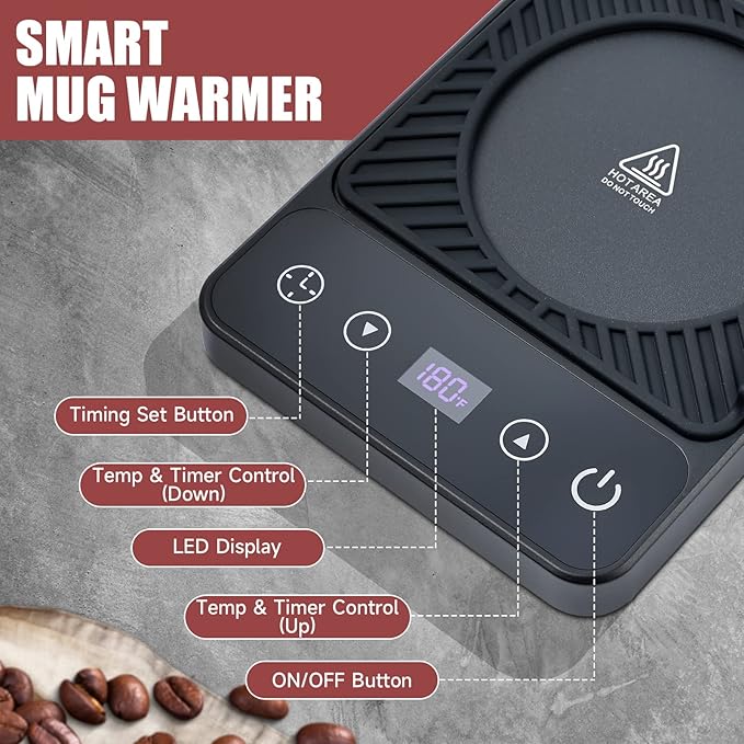 Mug Warmer - Electric Coffee Mug Warmer with Timer,Coffee Cup Warmer for Desk Auto Shut Off,Smart 6-Temperature Control, Coffee Accessories for Coffee Lovers, Black